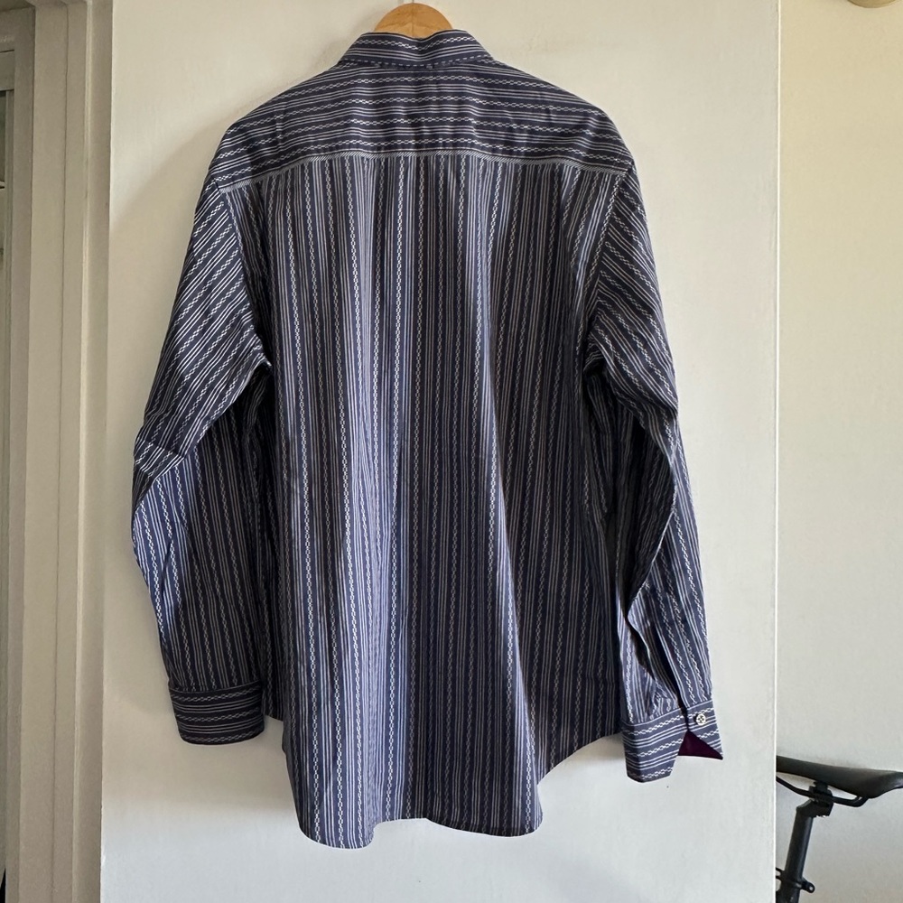 Robert Graham Blue Striped Flip Cuff Long Sleeve Button Collared Dress Shirt - Picture 5 of 9